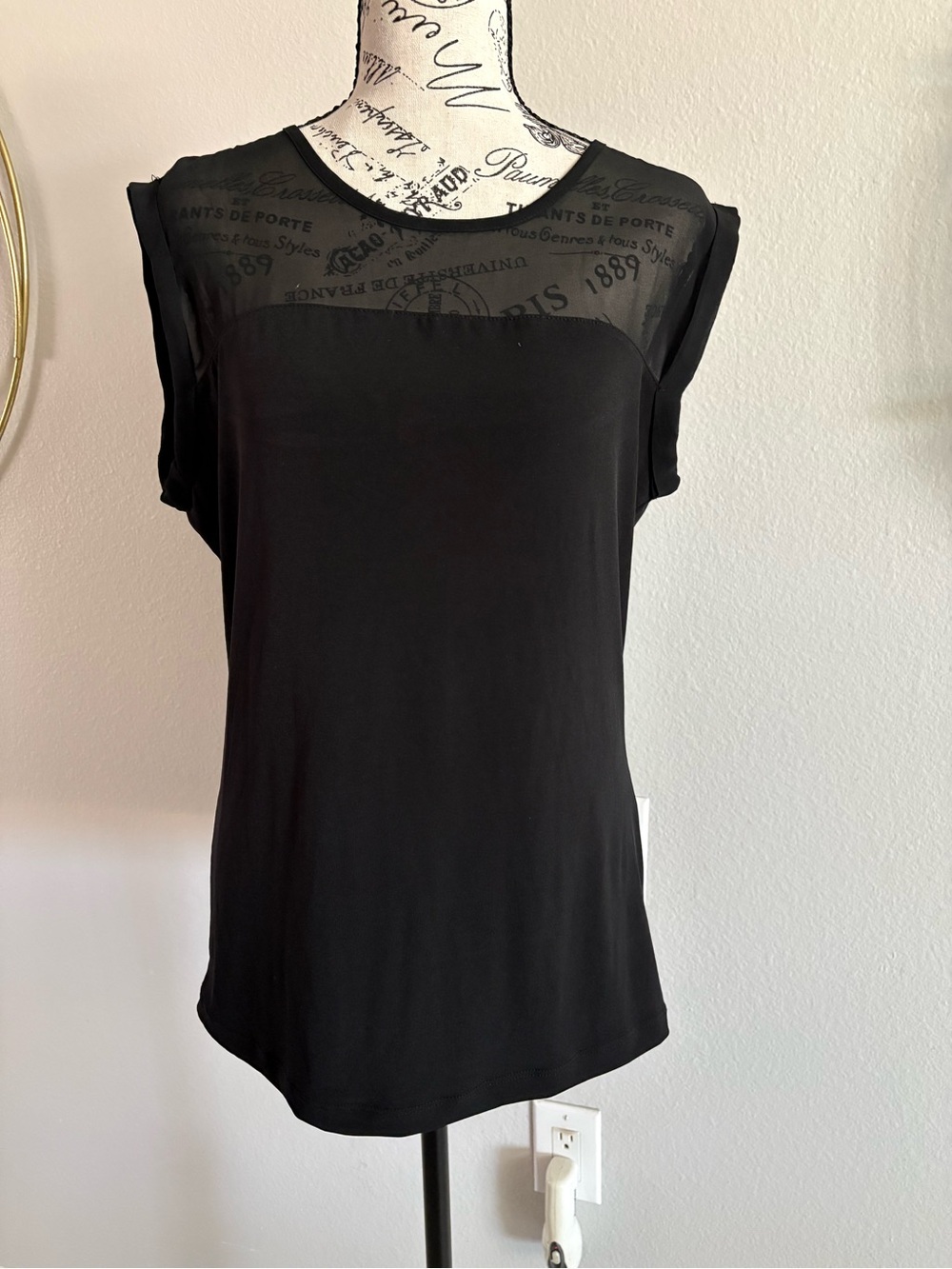 New York & Company Black Sheer Yoke Tank Top